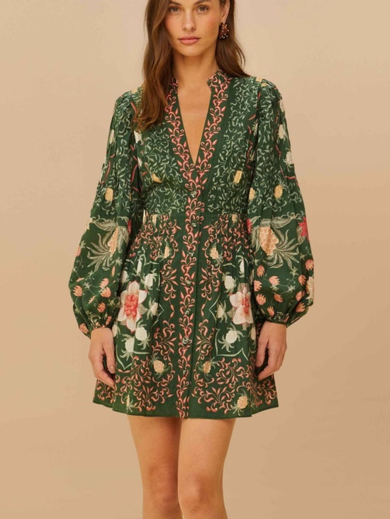 FARM Rio Dresses & Skirts - Farm Rio Green Pineapple Garden Long Sleeve Mini Dress
